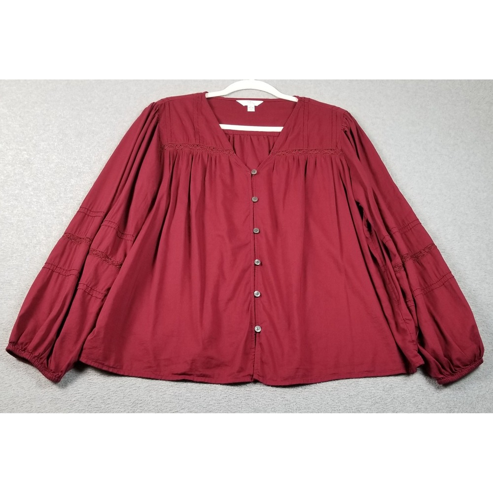 Time and Tru Blouse Women's Large L Red Boho Peasant Lace Trim Button Up Shirt